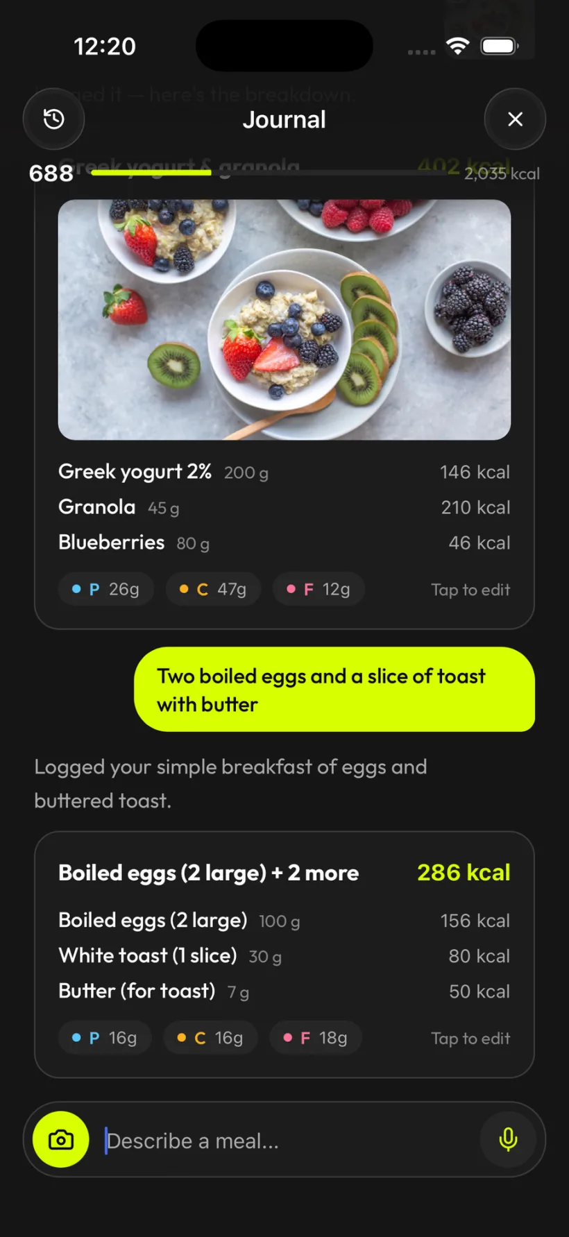 marble journal logging meals by photo and text with macros read automatically