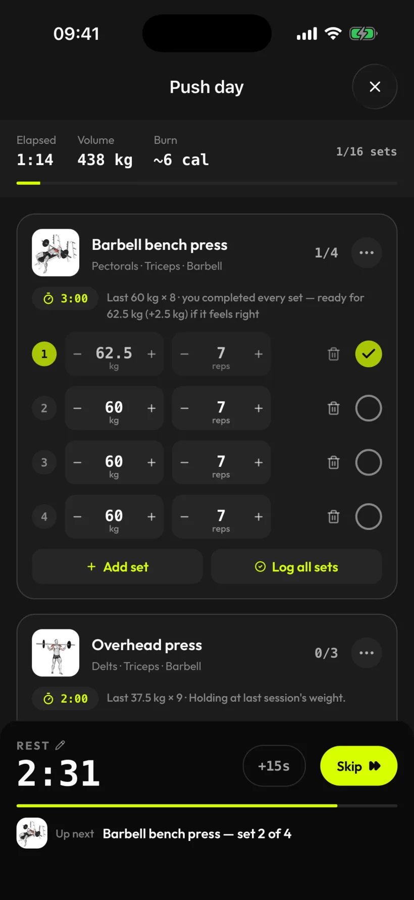 a live marble workout session with logged sets, volume and a rest timer